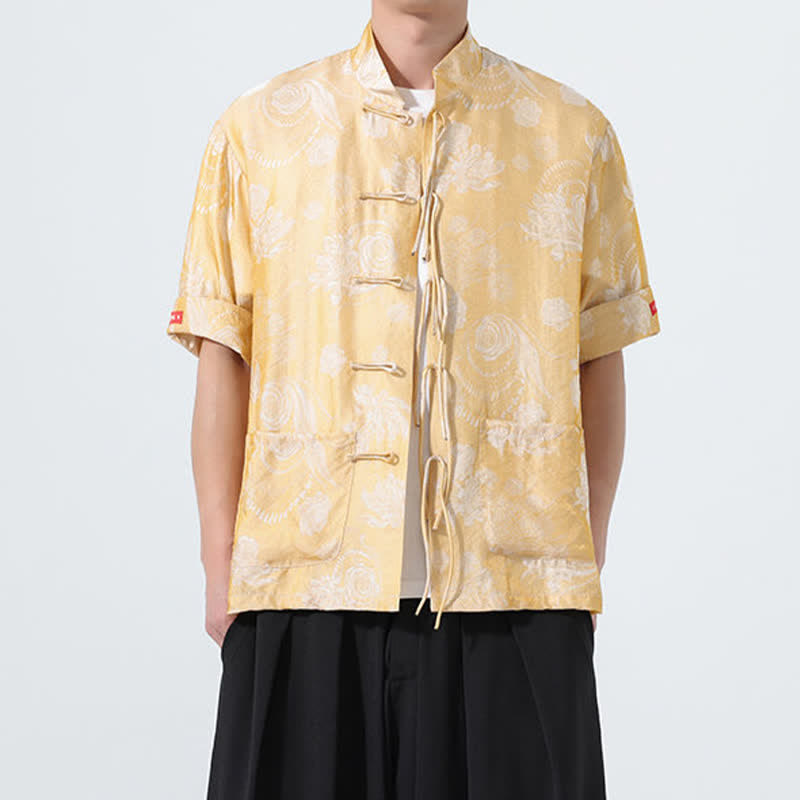 Nimara Ritual Summer Tang Style Mandarin Collar Floral Jacquard Men's Short Sleeve Shirt With Pockets