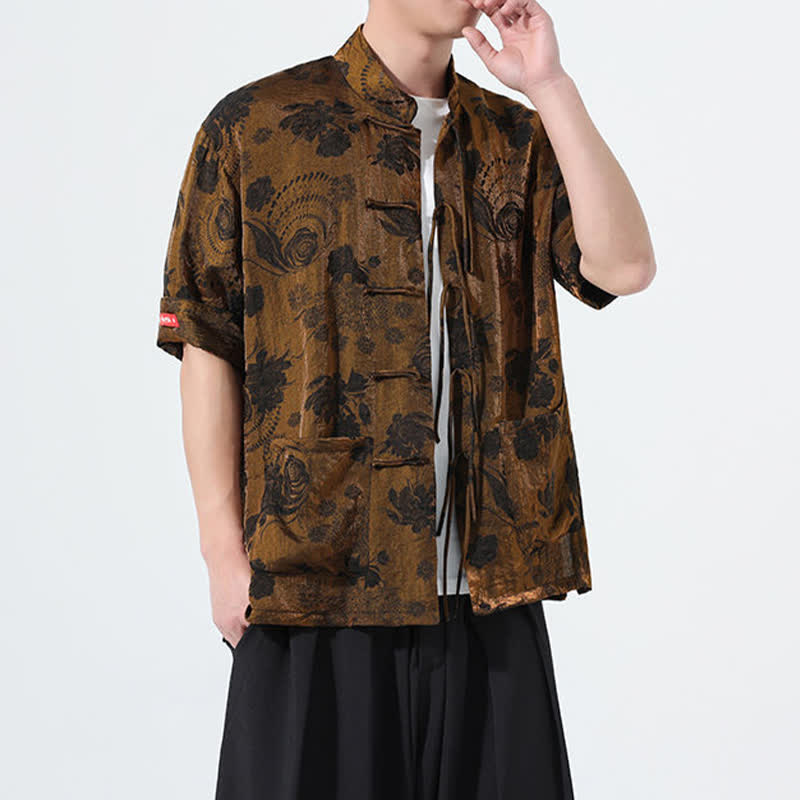 Nimara Ritual Summer Tang Style Mandarin Collar Floral Jacquard Men's Short Sleeve Shirt With Pockets