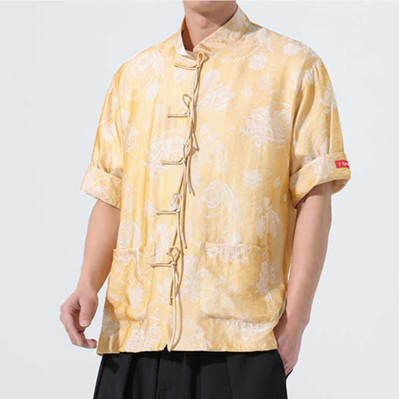 Nimara Ritual Summer Tang Style Mandarin Collar Floral Jacquard Men's Short Sleeve Shirt With Pockets
