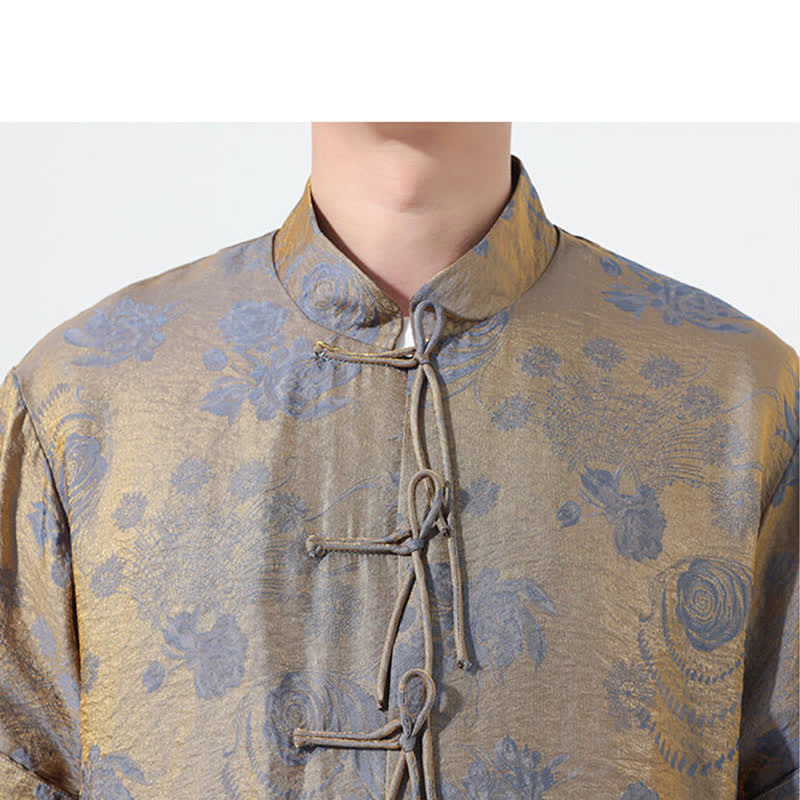 Nimara Ritual Summer Tang Style Mandarin Collar Floral Jacquard Men's Short Sleeve Shirt With Pockets