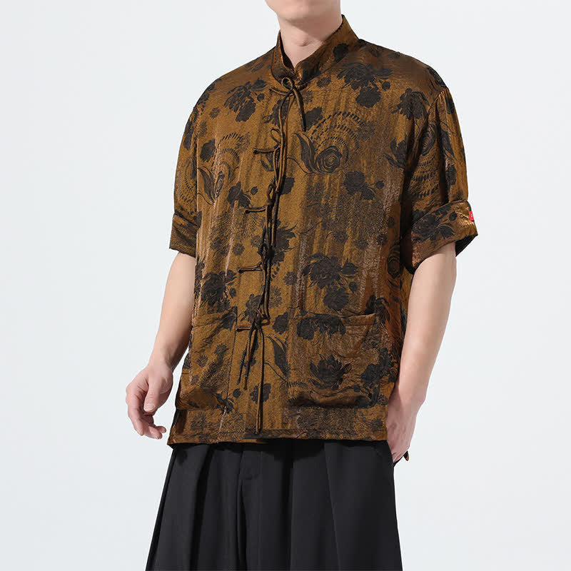 Nimara Ritual Summer Tang Style Mandarin Collar Floral Jacquard Men's Short Sleeve Shirt With Pockets