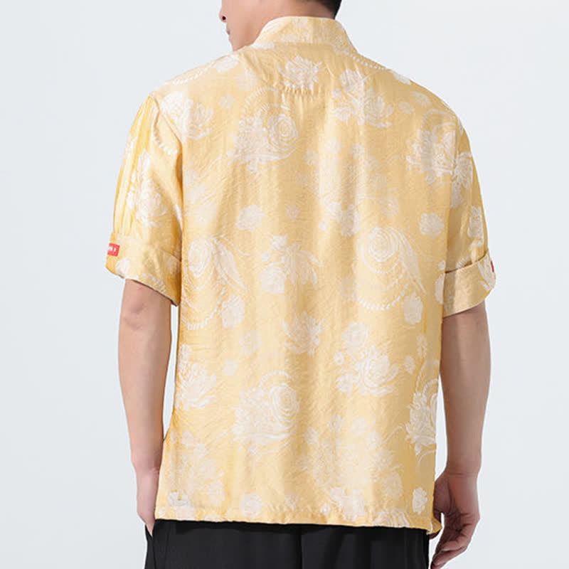 Nimara Ritual Summer Tang Style Mandarin Collar Floral Jacquard Men's Short Sleeve Shirt With Pockets