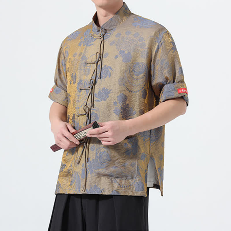 Nimara Ritual Summer Tang Style Mandarin Collar Floral Jacquard Men's Short Sleeve Shirt With Pockets