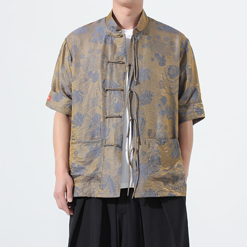Nimara Ritual Summer Tang Style Mandarin Collar Floral Jacquard Men's Short Sleeve Shirt With Pockets