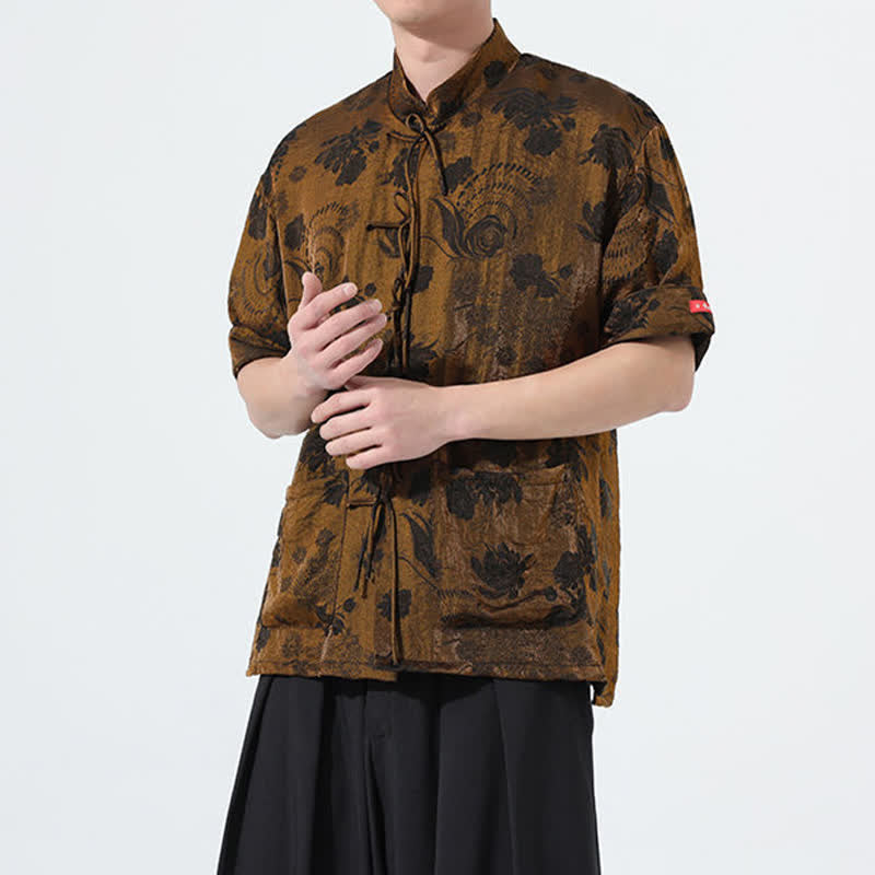 Nimara Ritual Summer Tang Style Mandarin Collar Floral Jacquard Men's Short Sleeve Shirt With Pockets
