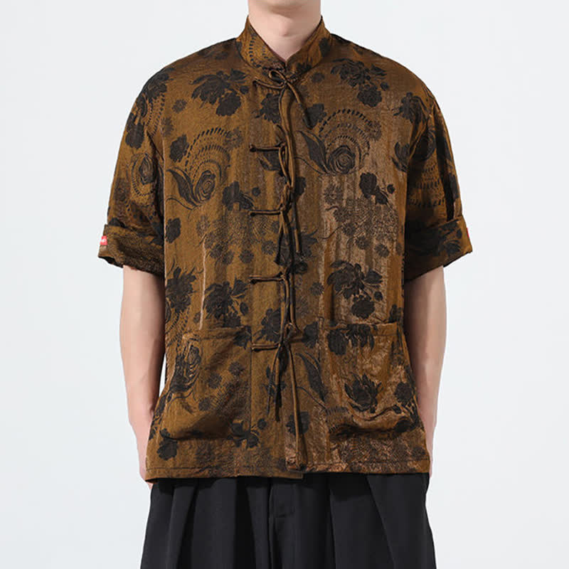 Nimara Ritual Summer Tang Style Mandarin Collar Floral Jacquard Men's Short Sleeve Shirt With Pockets