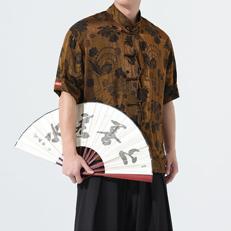 Nimara Ritual Summer Tang Style Mandarin Collar Floral Jacquard Men's Short Sleeve Shirt With Pockets