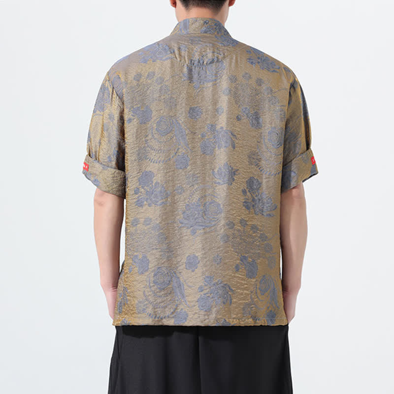 Nimara Ritual Summer Tang Style Mandarin Collar Floral Jacquard Men's Short Sleeve Shirt With Pockets
