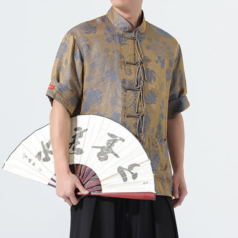 Nimara Ritual Summer Tang Style Mandarin Collar Floral Jacquard Men's Short Sleeve Shirt With Pockets