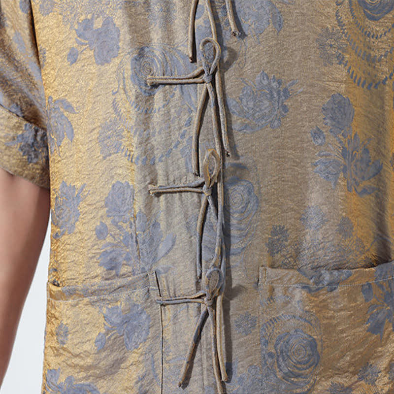 Nimara Ritual Summer Tang Style Mandarin Collar Floral Jacquard Men's Short Sleeve Shirt With Pockets