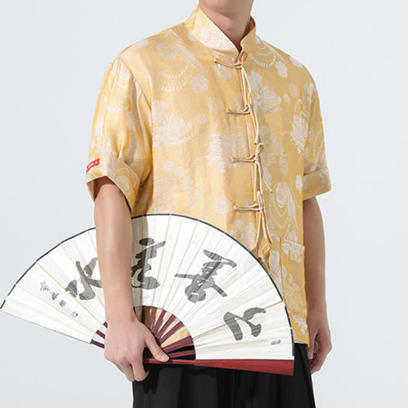 Nimara Ritual Summer Tang Style Mandarin Collar Floral Jacquard Men's Short Sleeve Shirt With Pockets