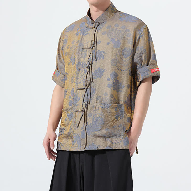 Nimara Ritual Summer Tang Style Mandarin Collar Floral Jacquard Men's Short Sleeve Shirt With Pockets
