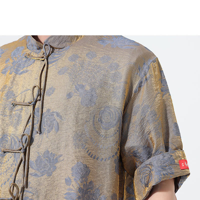 Nimara Ritual Summer Tang Style Mandarin Collar Floral Jacquard Men's Short Sleeve Shirt With Pockets