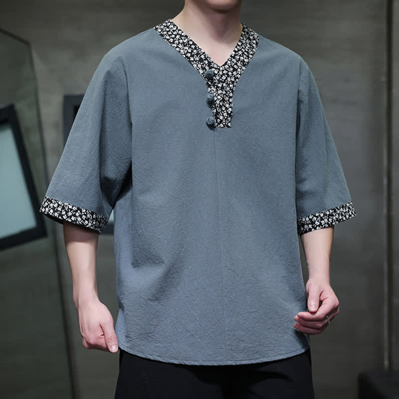 Nimara Ritual Summer Casual Mandarin Collar Frog Button Cotton Men's Short Sleeve Shirt