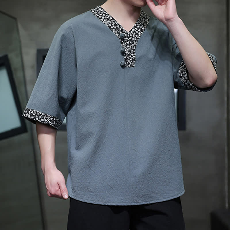 Nimara Ritual Summer Casual Mandarin Collar Frog Button Cotton Men's Short Sleeve Shirt