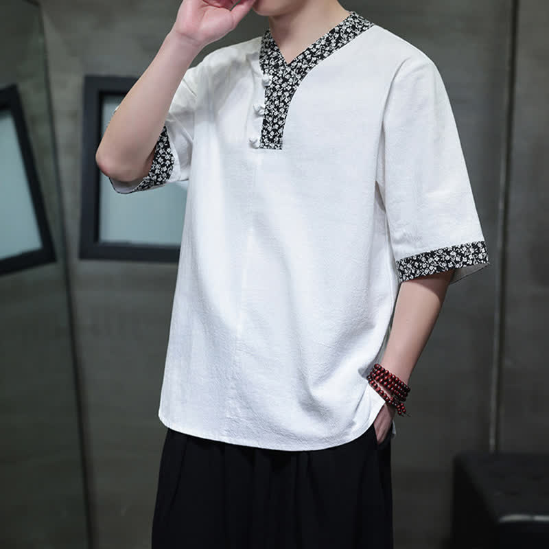 Nimara Ritual Summer Casual Mandarin Collar Frog Button Cotton Men's Short Sleeve Shirt