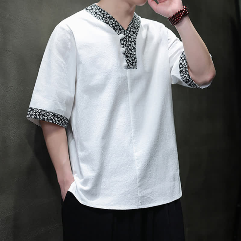 Nimara Ritual Summer Casual Mandarin Collar Frog Button Cotton Men's Short Sleeve Shirt