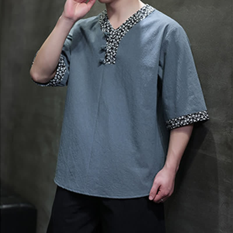 Nimara Ritual Summer Casual Mandarin Collar Frog Button Cotton Men's Short Sleeve Shirt