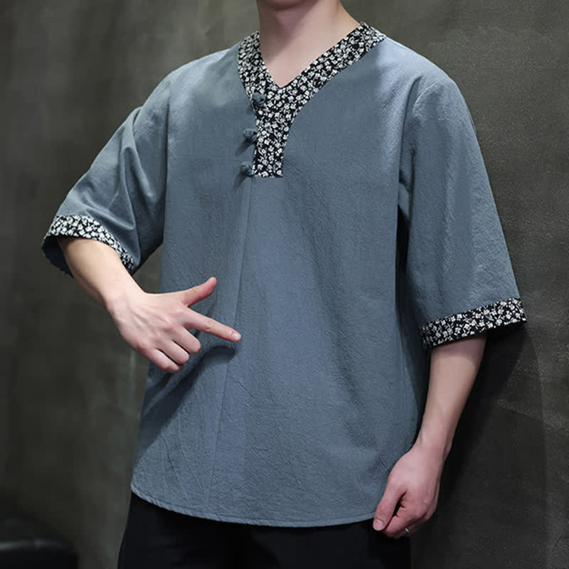 Nimara Ritual Summer Casual Mandarin Collar Frog Button Cotton Men's Short Sleeve Shirt