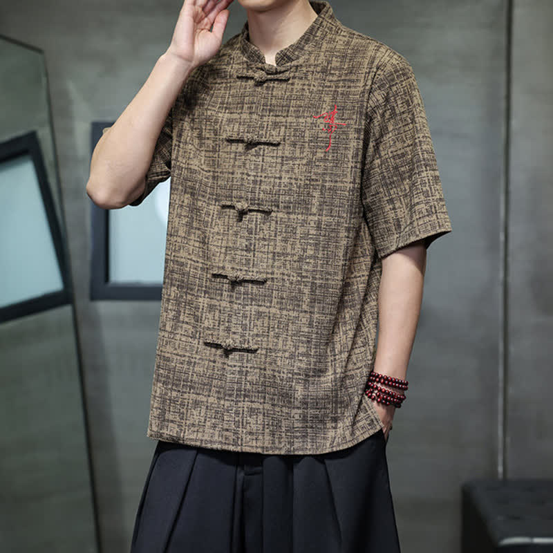 Nimara Ritual Summer Casual Mandarin Collar Frog Button Solid Men's Short Sleeve Shirt