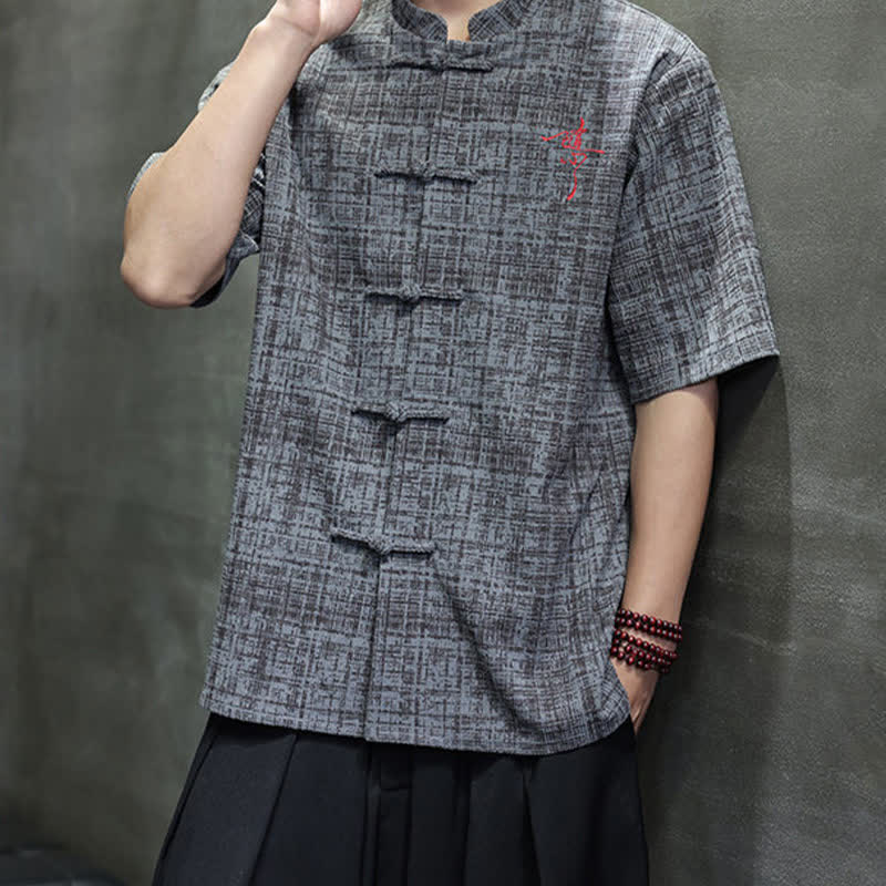 Nimara Ritual Summer Casual Mandarin Collar Frog Button Solid Men's Short Sleeve Shirt