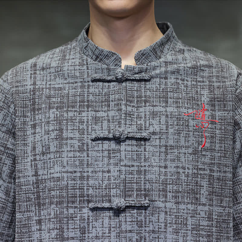 Nimara Ritual Summer Casual Mandarin Collar Frog Button Solid Men's Short Sleeve Shirt