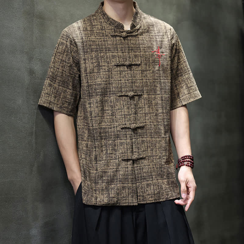 Nimara Ritual Summer Casual Mandarin Collar Frog Button Solid Men's Short Sleeve Shirt