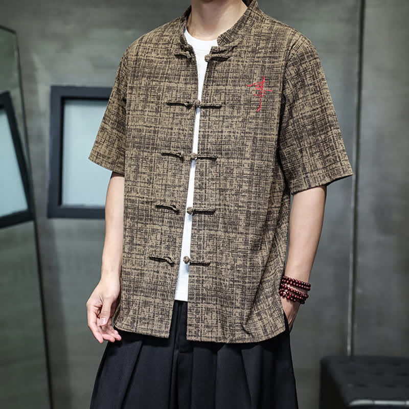 Nimara Ritual Summer Casual Mandarin Collar Frog Button Solid Men's Short Sleeve Shirt