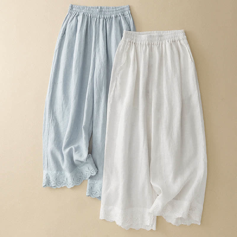 Nimara Ritual Summer Linen Cotton Women's Cropped Wide Leg Pants With Pockets