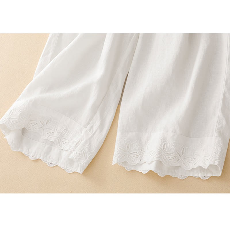 Nimara Ritual Summer Linen Cotton Women's Cropped Wide Leg Pants With Pockets