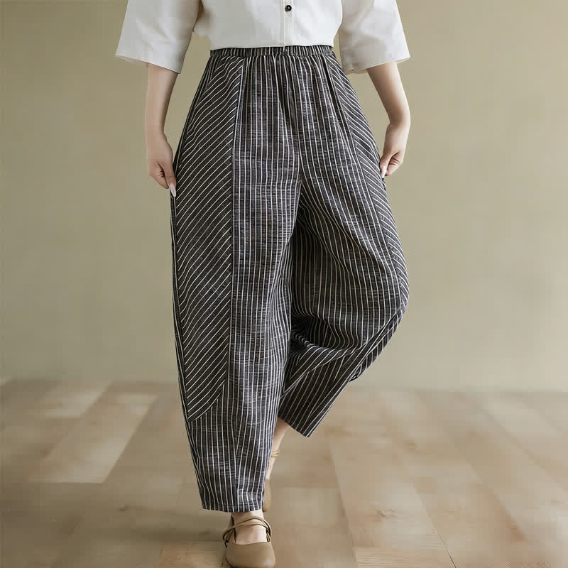 Nimara Ritual Summer Casual Striped Linen Cotton Women's Tapered Pants With Pockets