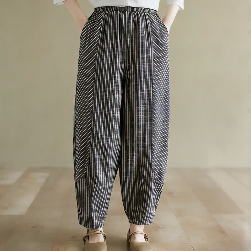 Nimara Ritual Summer Casual Striped Linen Cotton Women's Tapered Pants With Pockets