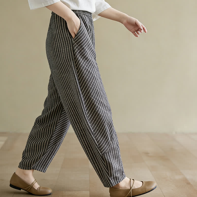 Nimara Ritual Summer Casual Striped Linen Cotton Women's Tapered Pants With Pockets
