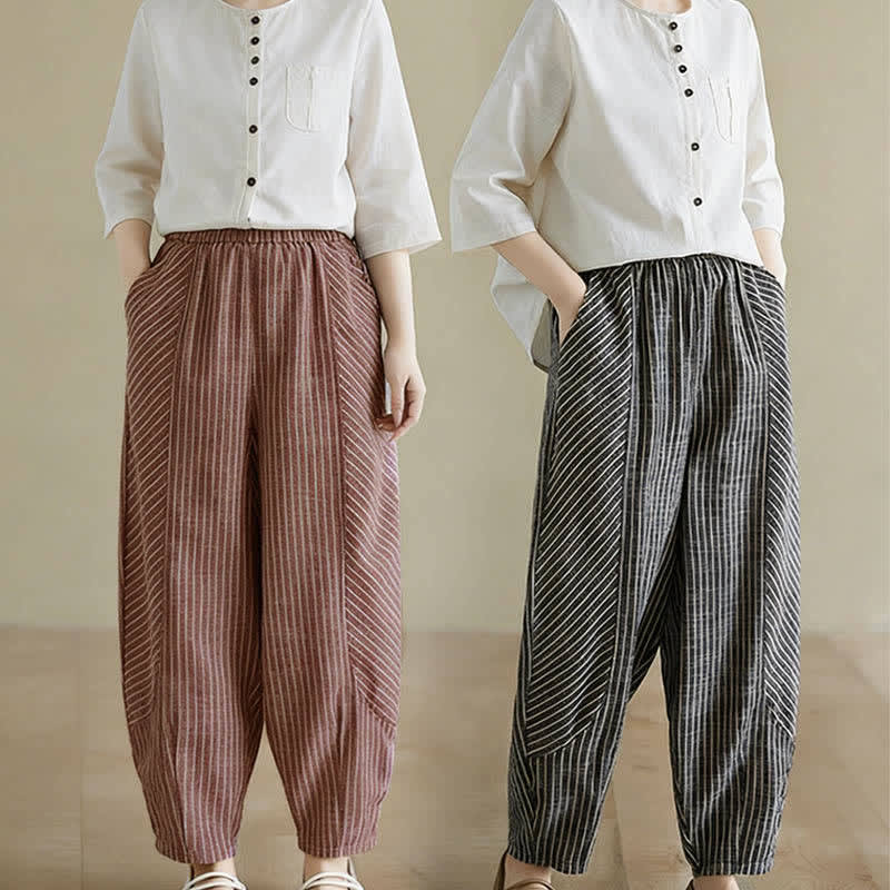 Nimara Ritual Summer Casual Striped Linen Cotton Women's Tapered Pants With Pockets