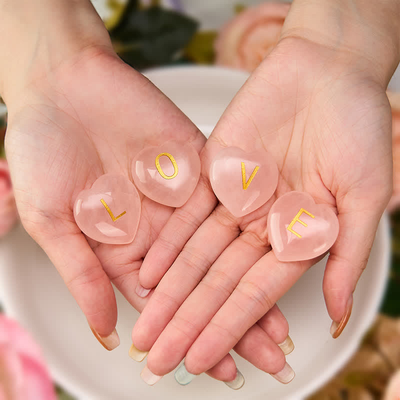Nimara Ritual 4Pcs Love & Comfort Heart Pattern Natural Rose Quartz Healing Crystal Stone Decor