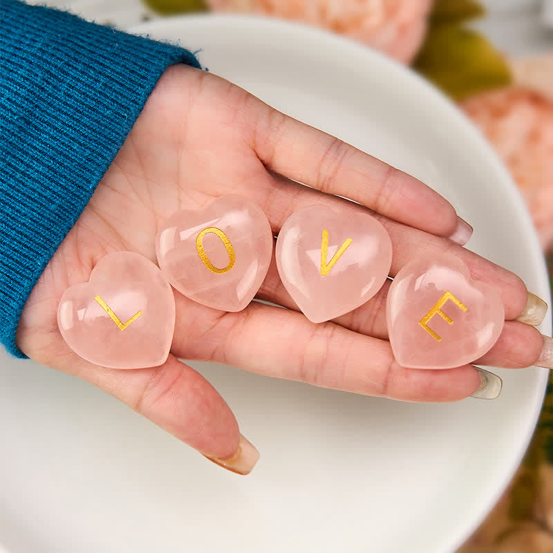 Nimara Ritual 4Pcs Love & Comfort Heart Pattern Natural Rose Quartz Healing Crystal Stone Decor