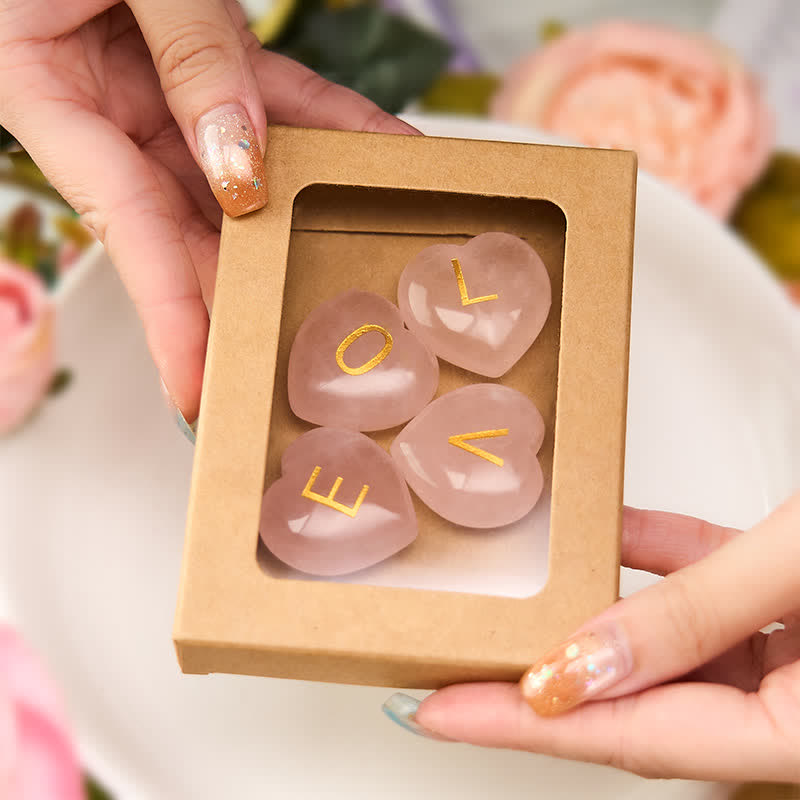 Nimara Ritual 4Pcs Love & Comfort Heart Pattern Natural Rose Quartz Healing Crystal Stone Decor