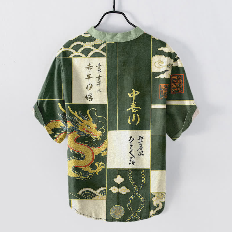 Nimara Ritual Cotton Golden Dragon Cloud Wave Emblem Men's Short Sleeve Half Button Shirt