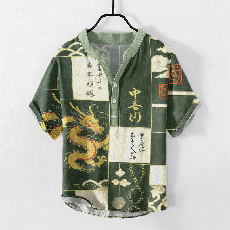 Nimara Ritual Cotton Golden Dragon Cloud Wave Emblem Men's Short Sleeve Half Button Shirt
