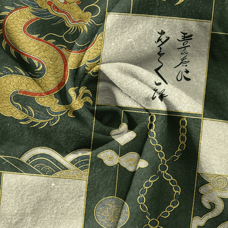 Nimara Ritual Cotton Golden Dragon Cloud Wave Emblem Men's Short Sleeve Half Button Shirt
