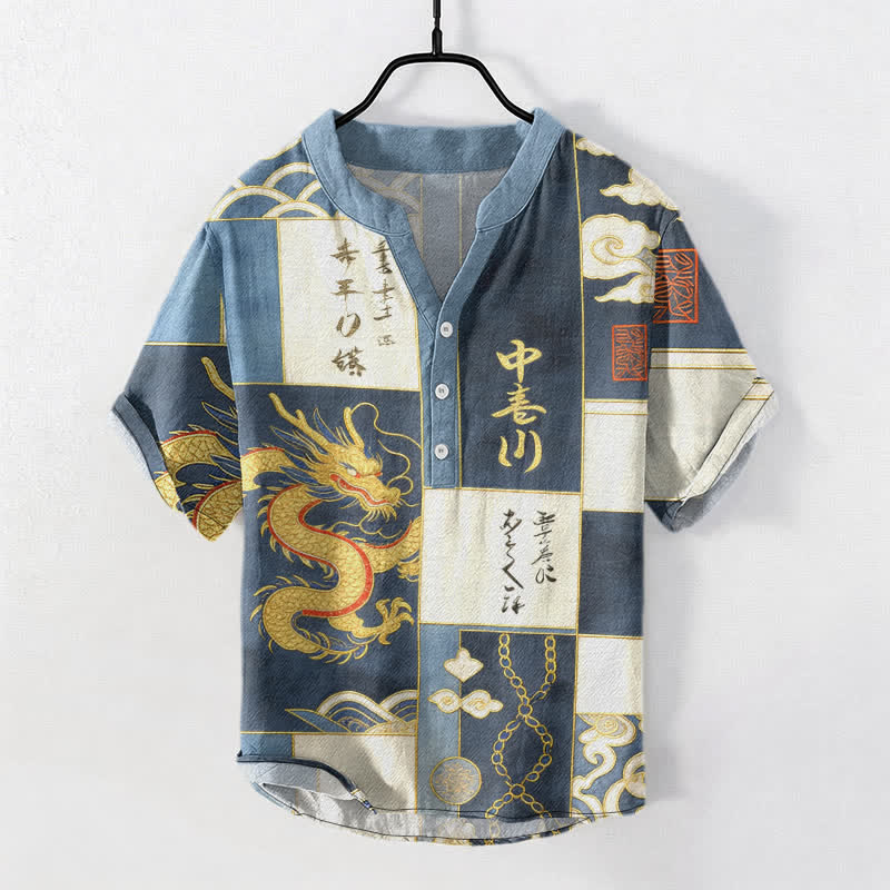 Nimara Ritual Cotton Golden Dragon Cloud Wave Emblem Men's Short Sleeve Half Button Shirt