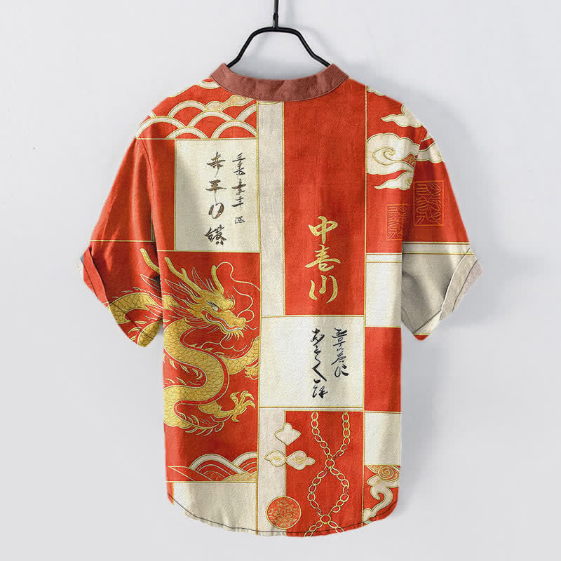 Nimara Ritual Cotton Golden Dragon Cloud Wave Emblem Men's Short Sleeve Half Button Shirt
