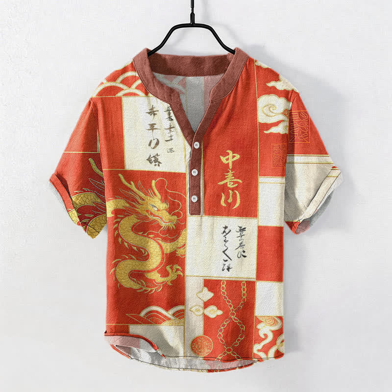 Nimara Ritual Cotton Golden Dragon Cloud Wave Emblem Men's Short Sleeve Half Button Shirt
