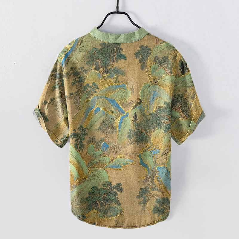 Nimara Ritual Cotton Mountain Emblem Men's Short Sleeve Half Button Shirt