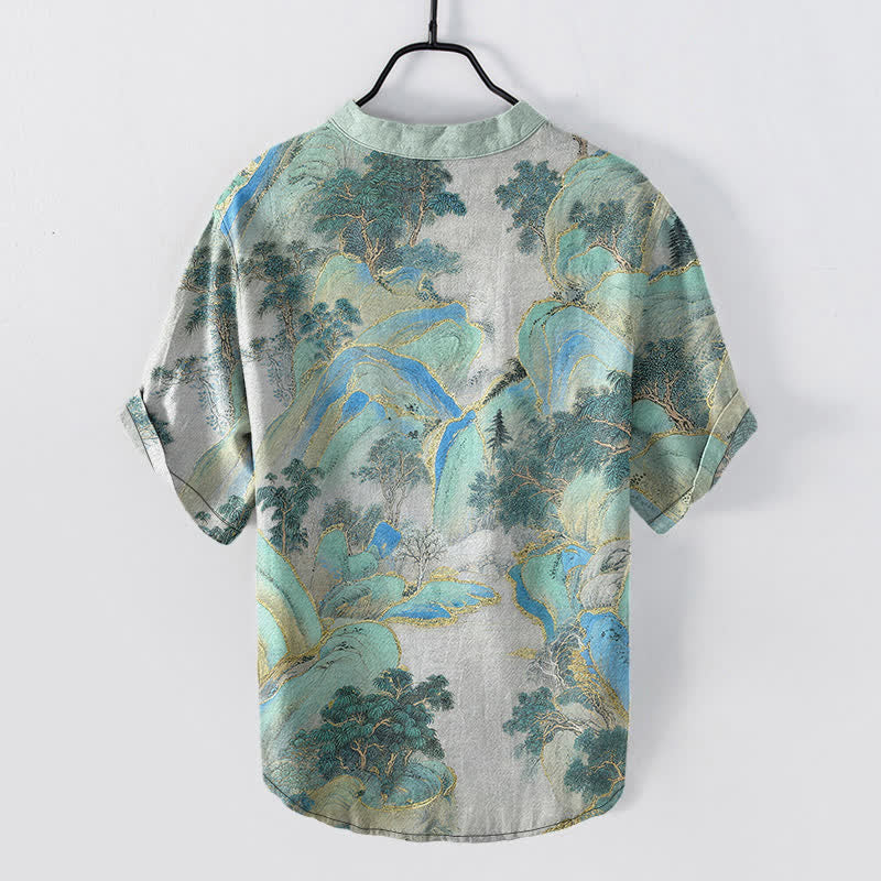 Nimara Ritual Cotton Mountain Emblem Men's Short Sleeve Half Button Shirt