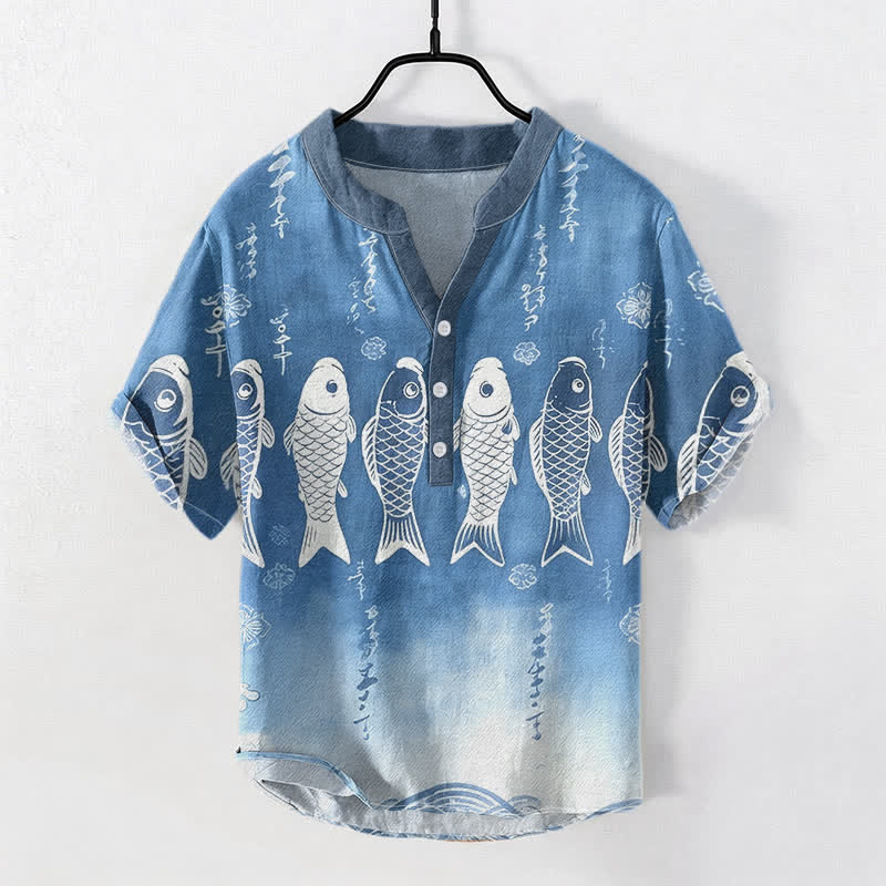 Nimara Ritual Cotton Koi Fish Emblem Men's Short Sleeve Half Button Shirt