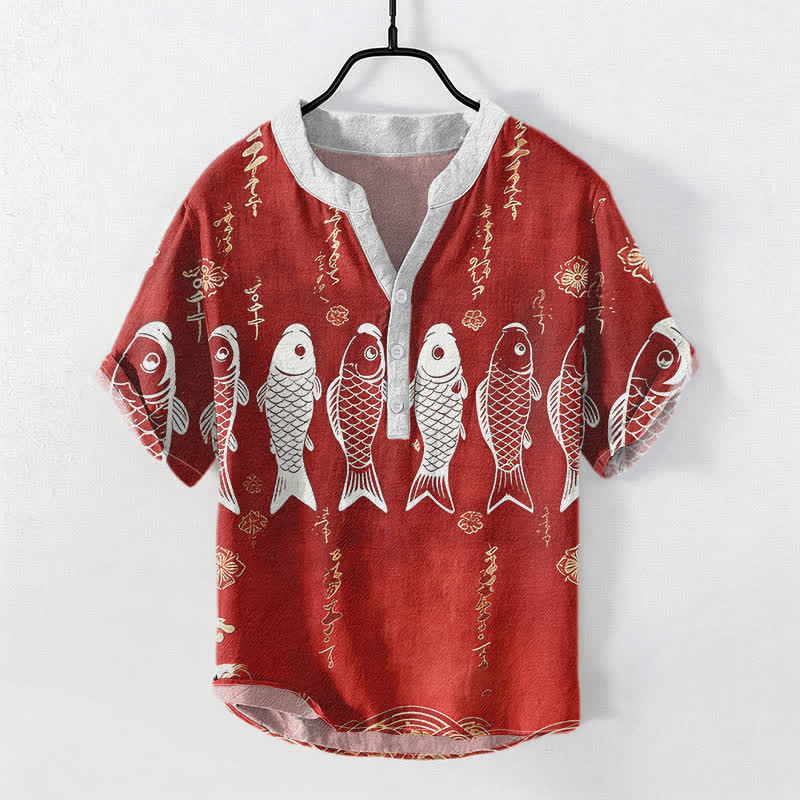 Nimara Ritual Cotton Koi Fish Emblem Men's Short Sleeve Half Button Shirt