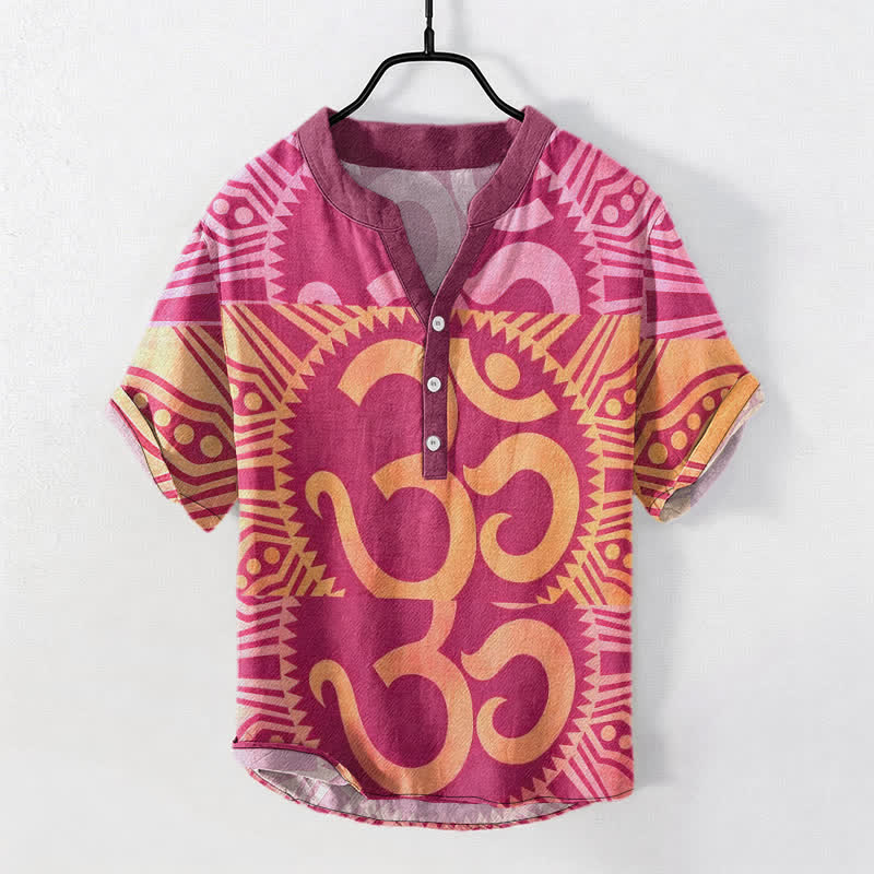Nimara Ritual Cotton Om Emblem Men's Short Sleeve Half Button Shirt