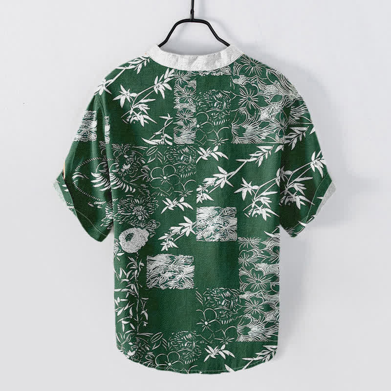 Nimara Ritual Cotton Bamboo Plum Emblem Men's Short Sleeve Half Button Shirt