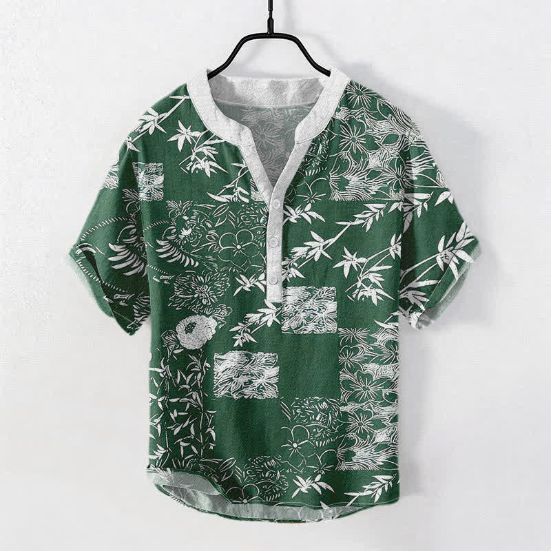 Nimara Ritual Cotton Bamboo Plum Emblem Men's Short Sleeve Half Button Shirt